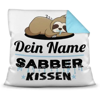 Kissen inkl. Füllung Faultier PERSONALISIERT mit WUNSCHNAME für Ihn - Sein Name Sabberkissen - Kuschelkissen / Lustige Geschenkidee für Männer / Freund / Geburtstag - Farbkissen Rückseite Hellblau