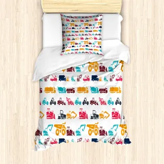 ABAKUHAUS Konstruktion Mantele, Bunte Trucks, Milbensicher Allergiker geeignet mit Kissenbezügen, 135 cm x 200 cm - 80 x 80 cm, Mehrfarbig
