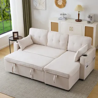 MODFU Schlafsofa Tagesbett mit Schlaffunktion,L-förmiges Sofa Daybettmit Stauraum, Wohnzimmer-Schlafsofa mit Getränkehalter, links und rechts austauschbar, Beige - Beige