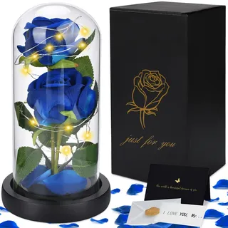 JOTOL Die Schöne und Das Biest Rose,Ewige Rose im Glas mit LED-Licht und 1 Grußkarte,Abnehmbarer Sockel,Immerwährende Doppelte Blaue Rosen Personalisierte Geschenke für Valentinstag,Muttertag