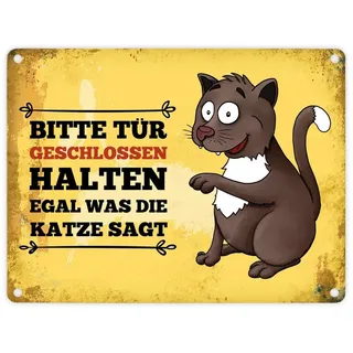trendaffe Metallschild mit Katze Motiv und Spruch: Bitte Tür geschlossen halten egal was die Katze sagt