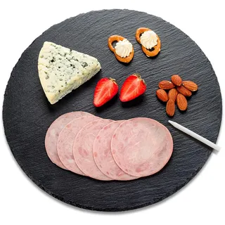 LiWiBet Schieferplatte Rund 30 cm, Schieferplatte Servierplatte groß mit Kreidestift, Servierplatte aus Schiefer, zum Servieren & Beschriften, Platte fürs Buffet, Sushi und Käse