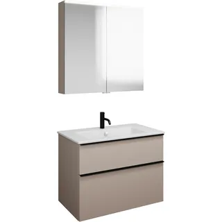 burgbad Eqio Set, bestehend aus Spiegelschrank, Keramik-Waschtisch Slim und Waschtischunterschrank, Breite 820mm, SHCP082F6583C0001G0252, Farbe: Lichtgrau Matt / Lichtgrau Matt, Griffleiste Schwarz