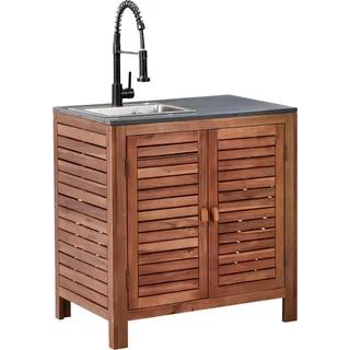 BELIANI Outdoor-Küchenschrank Braun u. Schwarz Akazienholz 80x50x83 cm mit Spüle Armatur Modern Outdoor-Küchenmöbel für Garten Draußen Außenbereich - Braun, Grau, Schwarz, Silber
