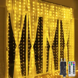 Ollny 3×3m 300 LED Lichtervorhang, Lichterkette außen mit 8 Modi, dimmbare Weihnachtsbeeuchtung mit Fernbedienung Timer, IP67 wasserdicht für Weihnachten Fenster Balkon Wand Party deko (Warmweiß)