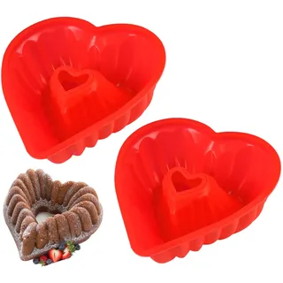 2 Stück Backform Herz, 20cm Kuchenform Herz, Silikon Herzform Backform, Herzbackform, Rot, Bpa Frei, SpüLmaschinenfest, für Muffins, Cupcakes, Kuchen, Mousse, Pudding, Eiswürfel und Gelee
