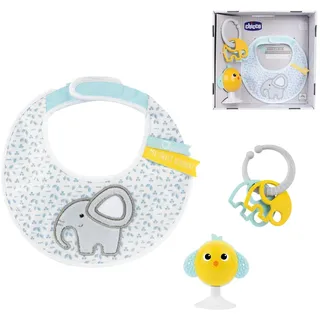 Chicco Mahlzeiten Geschenk-Set Dou Dou, Set bestehend aus Lätzchen, Hochstuhlspielzeug mit Saugnapf in niedlicher Kükenform, mit Zwei bunten Rasseln, leicht zu greifen ab 6 Monaten