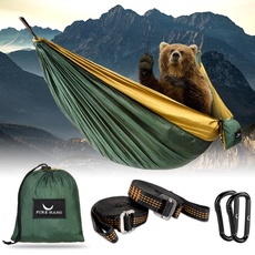 PURE HANG Premium Camping Hängematte Outdoor 2 Personen aus Nylon Fallschirmseide für Reise, Travel, Garten mit Befestigung Aufhänge Set | 300kg Belastung (Dunkelgrün)