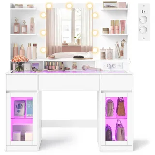 VASAGLE Schminktisch mit Spiegel, RGB-Beleuchtung und Steckdose, 107 x 40 x 144,5 cm, Holzspanplatte und Glas, mit 2 Schränken, Weiß, für Schlafzimmer