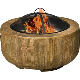 Feuerschale, Feuerstelle Mit Deckel, Feuerkorb Mit Schürhaken, Im Baumstumpf-Design, Für Garten, Camping, Terrasse, Stahl, Mgo, Braun