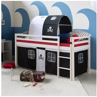 Homestyle4u Hochbett Pirat 90 x 200 cm Kiefer massiv weiß/schwarz