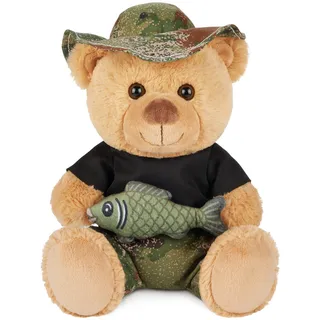 BRUBAKER 25 cm Teddybär Angler - Kuscheltier Teddy mit Fisch und Anglerhut - Stofftier Geschenk Glücksbringer für Angelfreunde - Hellbraun Camouflage - Hellbraun