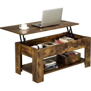 Yaheetech Couchtisch mit Höhenverstellbarer Platte Kaffeetisch ausziehbarer Wohnzimmertisch Sofatisch für Wohnzimmer, Büro, vintagebraun-schwarz - Dunkelbraun