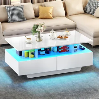 YITAHOME Couchtisch Weiß, Wohnzimmertisch Hochglanz mit 16-Farbiger LED Beleuchtung Modern, Beistelltisch Weiss mit Offenem Ausstellungsregal und 4 Ausziehbaren Schubladen 90x55x41,1 cm