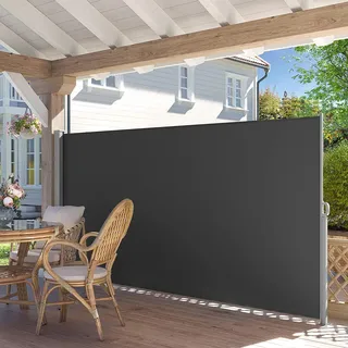SONGMICS Seitenmarkise, ausziehbar, 180 x 450 cm, aus 220 g/m2 Polyester, Sichtschutz, Sonnenschutz, blickdicht, Seitenrollo, für Balkon, Terrasse, Garten, anthrazit GSA589G01 - Grau