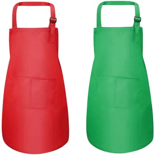 YKKJ 2-teiliges Set Schürze für Kinder, Kochschürze, verstellbar, für Kinder, mit Tasche für Jungen und Mädchen, Kochen, Malen, Küche, Rot/Grün, 3 – 10 Jahre