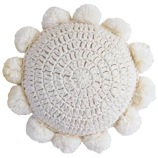 kitletsuit Boho Runden Kissen werfen Mit niedlichen handgefertigten Pom Poms Quasten 35cm, dekoratives kreisförmiges Häkelkissen für Couch, Sofa, Stuhl, Bett, Beige