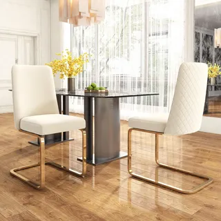 Sweiko Samt-Esszimmerstuhl, 2er-Set, Wohnzimmer, Schlafzimmer, Lounge-Sessel, Diamant-Rücken-Design, mit goldfarbenen Metall-Stützbeinen, Beige - Beige