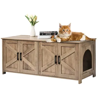 VEVOR Katzentoilettengehäuse für 2 Katzen, Katzentoilettenmöbel versteckt mit Doppelzimmern, Katzentoilettenschrank aus Holz, passend für die meisten Katzentoiletten, 119,4 cm L x 47,5 cm B x 50 cm H, Greige