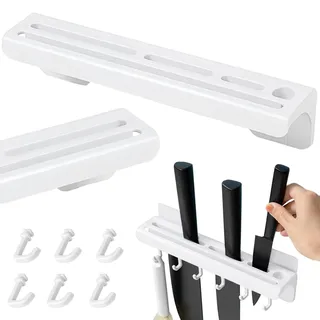 PARENCE - Wandmontierter Klebemesserhalter – Messer und Küchenutensilienhalter – Multifunktionaler Organizer mit Haken – Weiß