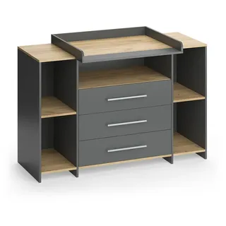 Vicco Wickelkommode Oskar Anthrazit/Goldkraft Eiche 143.2 x 93 cm mit 3 Schubladen , Anthrazit, Honigeiche , Holzwerkstoff , 5 Fächer , Rechteckig , 143.2x93x53.1 cm , Babymöbel & Kindermöbel, Babyzimmer, Wickelkommoden & Zubehör, Wickelkommoden