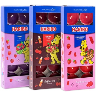 Haribo Teelichter Trio-Set All Year – Berry Mix, Cherry Cola & Strawberry Happiness, 30 Stück (3x10) – Duftende Kerzen mit 4-6 Stunden Brenndauer, Stimmungsbeleuchtung für Zuhause