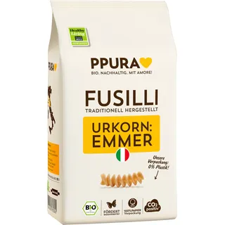 PPURA Bio Fusilli Emmer Pasta 500 g, 100% natürliche Spiralnudeln aus dem Urkorn Emmer, Made in Italy - italienische Nudeln ohne Zusatz-, Farb- oder Konservierungsstoffe