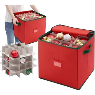 Aufbewahrungsbox für 64 Weihnachtskugeln, 35x35 cm, Stoff, 4 Ebenen, verstellbare Fächer - Rot