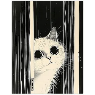 Artery8 Cute Kitty Black White Cat Lover Pet Painting Living Room Large Wall Art Poster Print Thick Paper 18X24 Inch