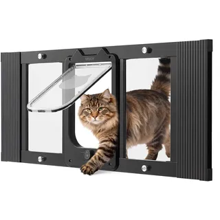 Vevor Katzenklappe Katzentür Anpassbar an Fensterbreiten (787-914 mm), Wetterfeste Haustiertür mit 4 sicheren Verriegelungsmodi & Aluminiumrahmen & Hochtransparentem Glas & Magnetverschluss, Schwarz