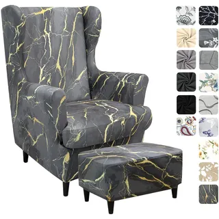 Alishomtll 3 Teilig Ohrensessel Überzug Mit Ottomane Schonbezug Stretch Sessel-Überwürfe Elastisch Sesselhusse Strandmon Tiger Stuhlbezug mit Armlehne Hohe Rückenlehne Universal (Grau Gold Marmor)
