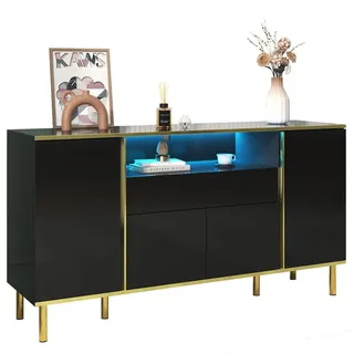 Redom Sideboard in Hochglanz Schwarz mit goldenen Akzenten, 4 Türen, 1 Schublade und LED-Beleuchtung, 150/40/80 cm, Schwarz , Holzwerkstoff , 150x80x40 cm , Kleinmöbel, Kommoden, Sideboards