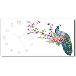 Wanduhr aus Glas – 60x30 cm - Glasbild - Glasuhr - Gehärtetes Glas - weisse-zeiger - Pfau und Blumen