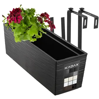 KADAX Blumenkasten 18,5x56 cm, Ritzmuster, Schwarz, mit Halterungen, mit Einsatz – wetterfester rechteckiger Pflanzkasten für Balkon und Outdoor