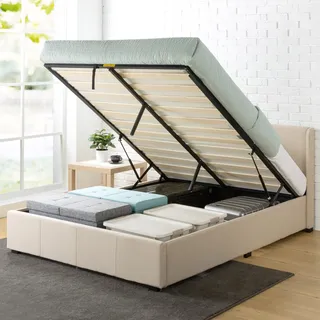 Zinus Maddon Bettgestell 120 x 190 cm mit gepolstertem Kopfteil – Höhe 31 cm – Lattenrost für französisches Bett mit Holzlatten und Gaslift – Beige