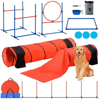 VEVOR Agility Set Hunde, 7-teiliges Upgrade-Set mit verstellbaren hohen Hürden, 6X Slalomstangen, 2X Tunneln, Sprungring, Pausenbox, 3X Frisbees, Pfeife, Faltbarer Schüssel, Hindernisparcours-Set