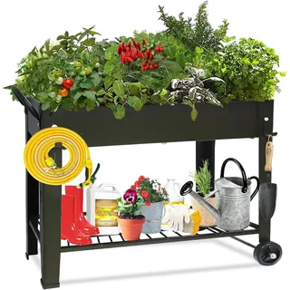 Hochbeet Balkon, Hochbeet mit Rädern und Ablage, Pflanzkasten & Blumenkasten, Pflanzbeet Kräuterbeet Blumenbeet, 101 x 28 x 80 cm, Frühbeet und Gewächshaus für Balkon Garten Terrasse, Schwarz