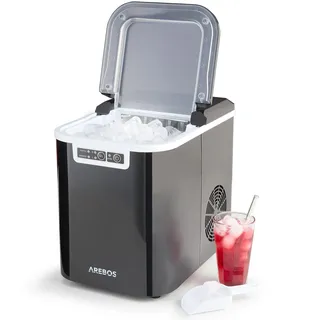 AREBOS Eiswürfelmaschine 12kg 24h 8 Eiswürfel in 10 Min 2,2 Tank selbstreinigend leise inkl. Schaufel schwarz - Silber