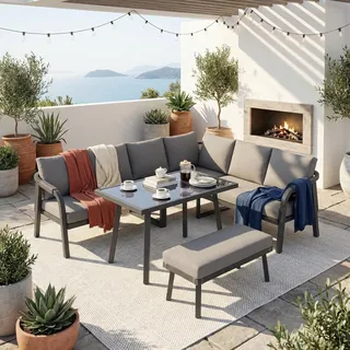 MODFU Outdoor-Sofaset Tisch-Stuhl-Set für 8 Personen mit Rückenlehnen und Seilgeflecht-Design Gartensofa Freizeitsofa mit Ecksofa und Esstisch 1 Bank Outdoor-Möbel Grau - Grau