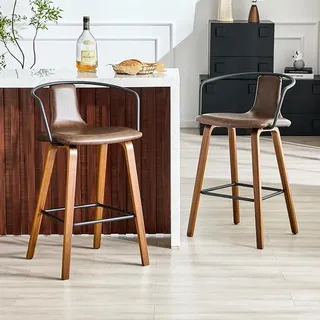 2er Set Barhocker mit Armlehne aus Kunstleder & Holzbeinen – Skandinavischer Barstuhl mit Metall-Fußstütze, gepolsterter Sitz & Rückenlehne für Kücheninsel, Tresen – Braun - Braun