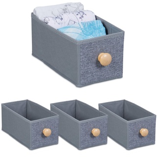 Relaxdays Aufbewahrungsbox 4er Set, Ordnungsbox Stoff, 4 L, Regalkorb faltbar, mit Griff, HBT: 12,5 x 14 x 27,5 cm, grau