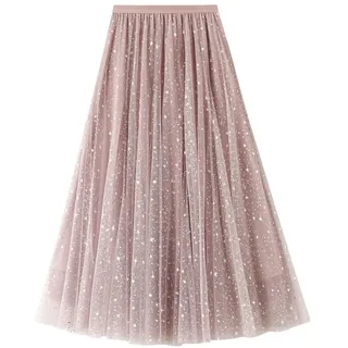 Femiserah Damen Lange Regenbogen A Linie Tüll Tutu Röcke Stufenrock Petticoat, Pailletten, Rosa, Einheitsgröße