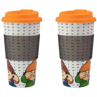 p:os 31731 - Coffee To Go Becher im Mainzelmännchen Design, ca. 17,5 cm hoch, Füllmenge ca. 500 ml, mit TPR Banderole (Packung mit 2)