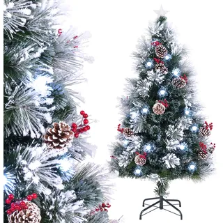 COSTWAY Weihnachtsbaum künstlich 150cm mit Tannenzapfen & Beeren, Tannenbaum mit Schnee, kaltweißen LEDs, Glasfaser & Sternspitze, 8 Modi Grün Weiß - Grün, Weiß