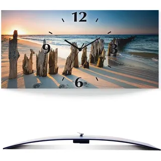 ARTland Wanduhr, gebogen Funkuhr - schwarzer Zeiger Sonnenuntergang Strand Wellenbrecher Größe: 60x30 cm - Ocker