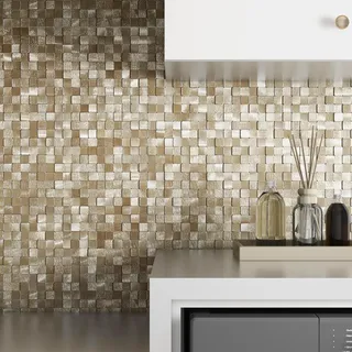 BeNice 3d Quadratische Selbstklebende Mosaikfliesen Fliesenaufkleber für Metall Wandpaneel Klebefliesen für Küchenwände(8 Blatt,Gold)