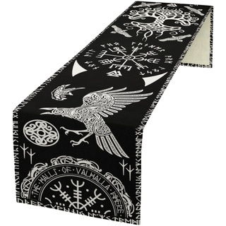 kikomia Baumwolle Leinen Tischläufer Rechteckige Wikinger Rabe Baum des Lebens Tischdecke für Hochzeit Urlaub Heimdekoration Wikinger Dekorativ Abdeckung Tischplatte (33×183cm, Black)