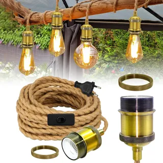 Vintage Hängelampe mit Stecker, 5.1M Industrial Hanfseil Pendelleuchte Kit mit Schalter,Gold Messing Lampenhalter,Retro E27 Lampefassung mit Kabel,Boho Hängeleuchte für Balkon, Max.60W,Ohne GlüHbirne