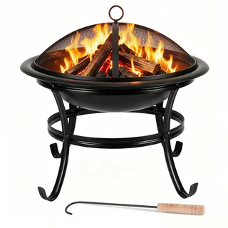 Vigevee Feuerschale Ø 55 cm mit Funkenschutz, Grillrost und Schürhaken, Outdoor Feuerstelle aus Eisen für Garten und Terrasse, Schwarz
