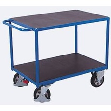 Schwerlast-Tischwagen, Stahl/Siebdruckplatte, Enzianblau/Dunkelbraun, 2 Etagen, L 1995 x B 800 mm, Vollgummi-Rollen mit EasySTOP, bis 1000 kg